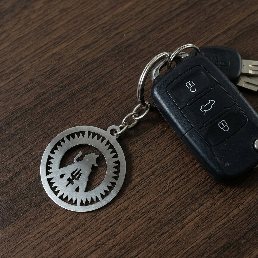 Durable metal keyring with Lord Mahakal engraving for religious and daily use.