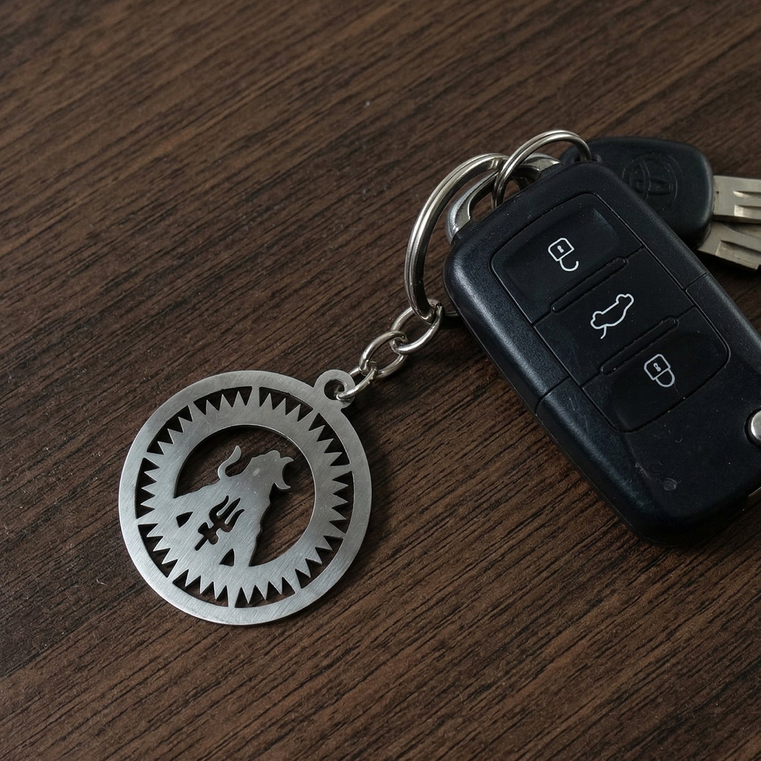Durable metal keyring with Lord Mahakal engraving for religious and daily use.