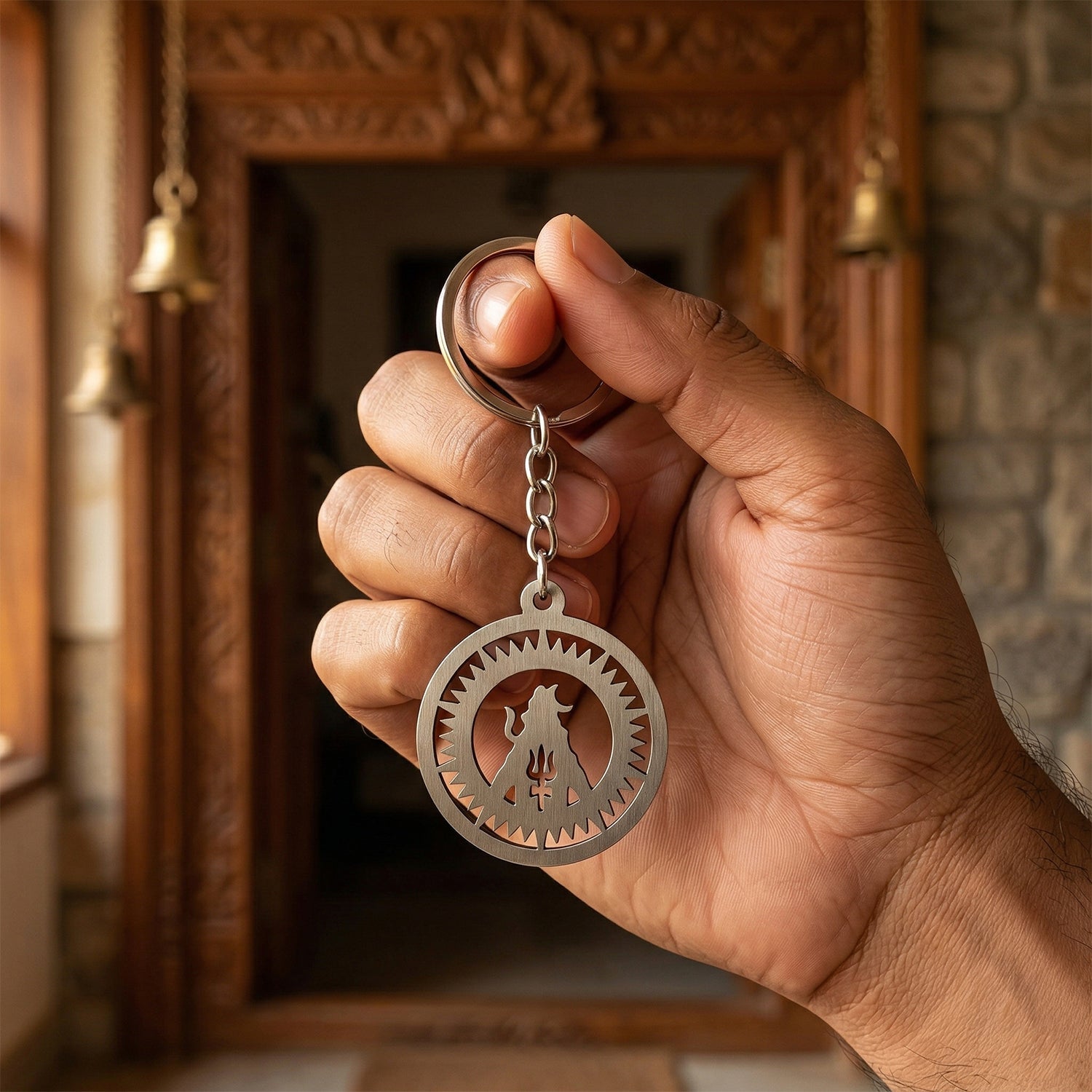 Religious metal keychain featuring Lord Shiva's symbol, ideal for gifting.