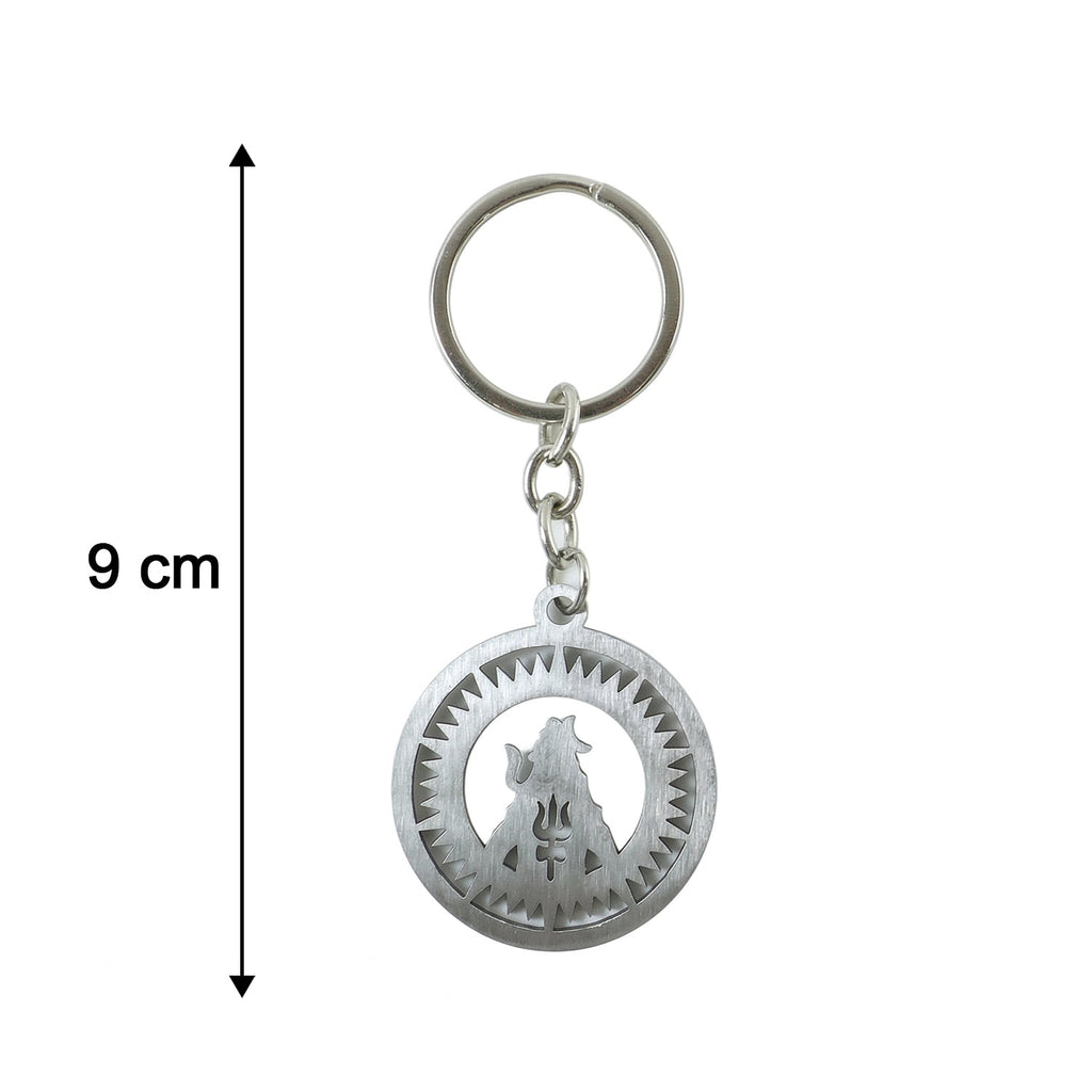 Front view of Mahakal keychain with detailed engraving and Trishul motif.