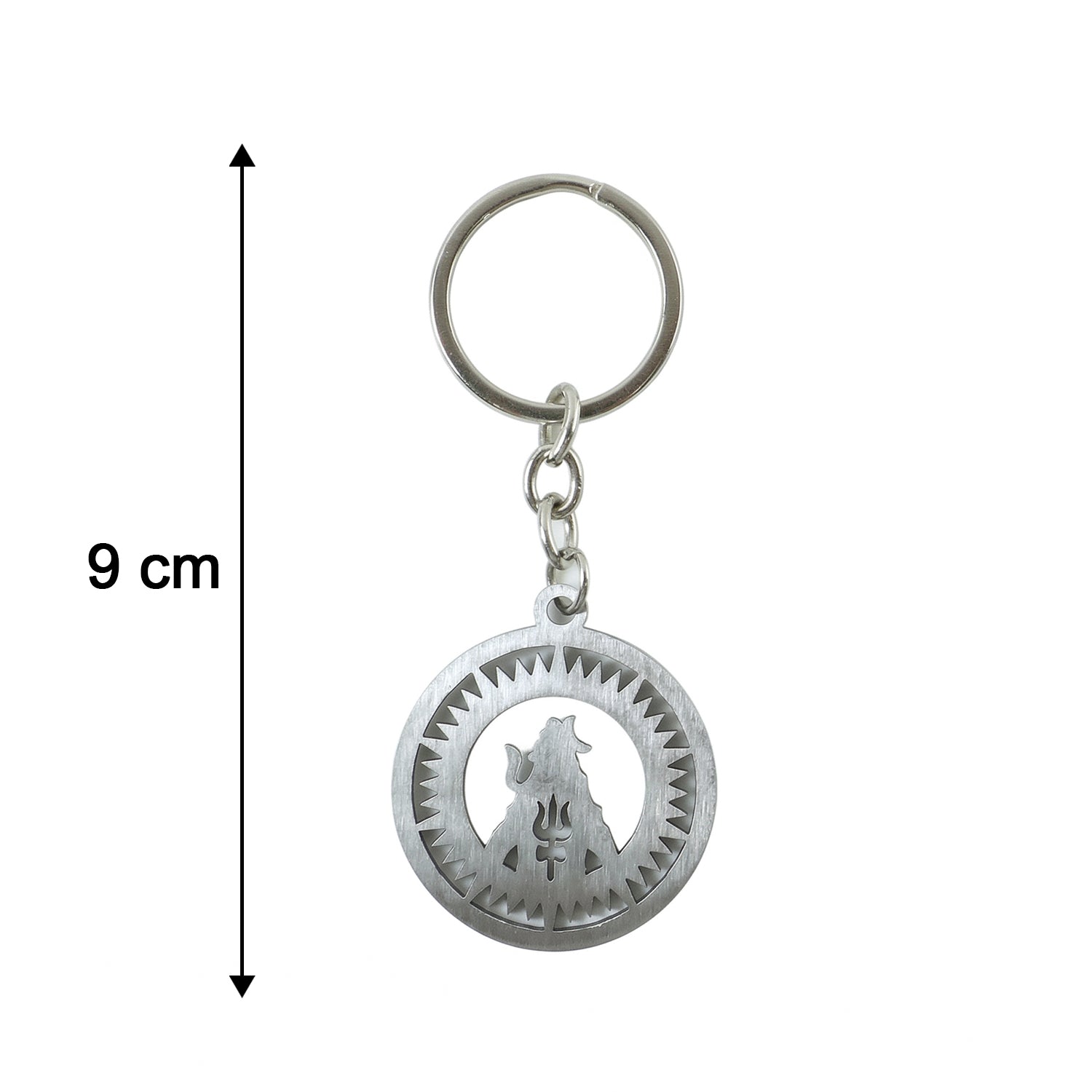 Front view of Mahakal keychain with detailed engraving and Trishul motif.