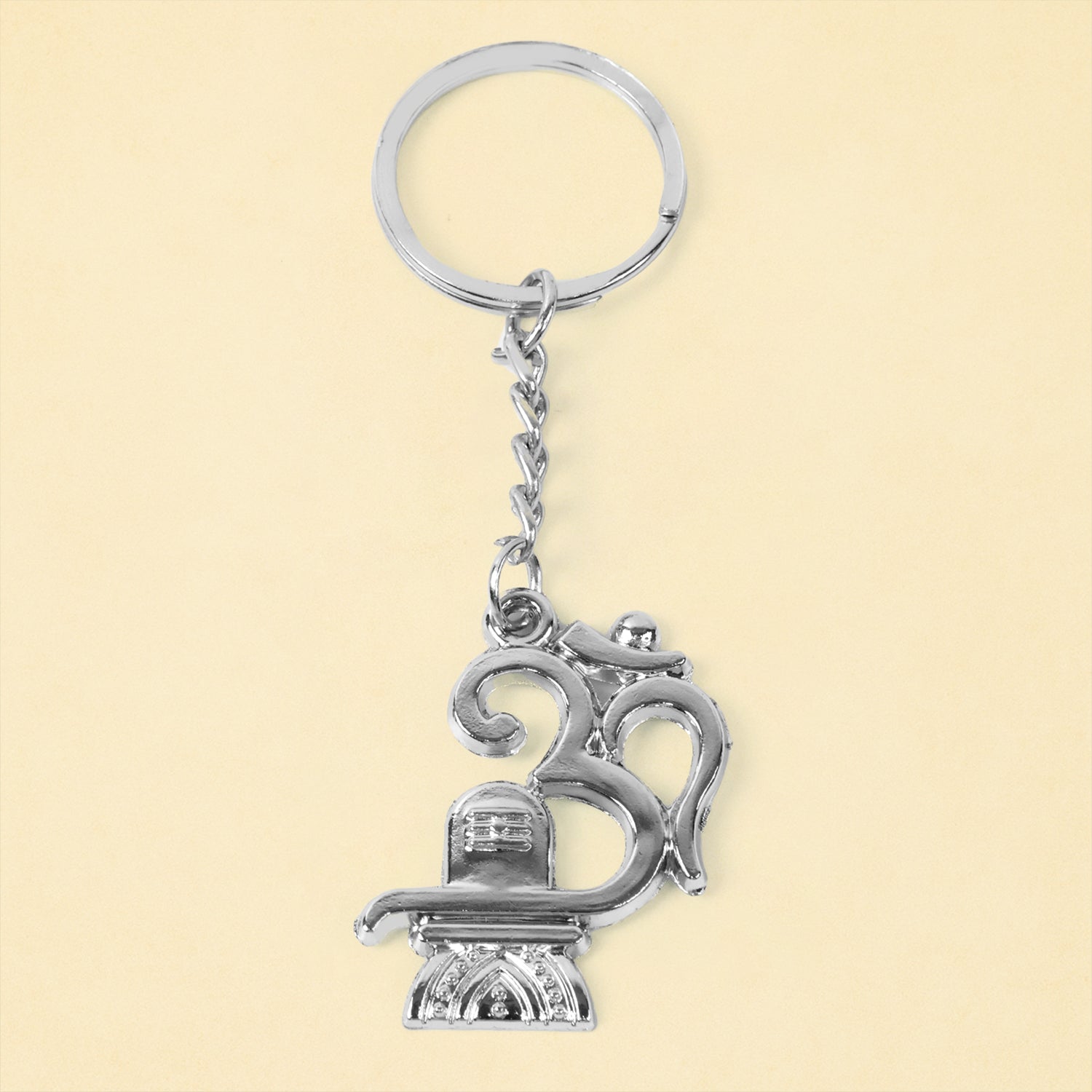 Om Shivling metal keychain showing sturdy chain and strong ring
