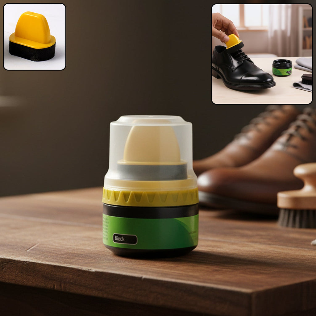 Black shoe polish cream container with built-in sponge applicator