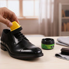Sponge spreading black shoe polish cream evenly on shoe surface