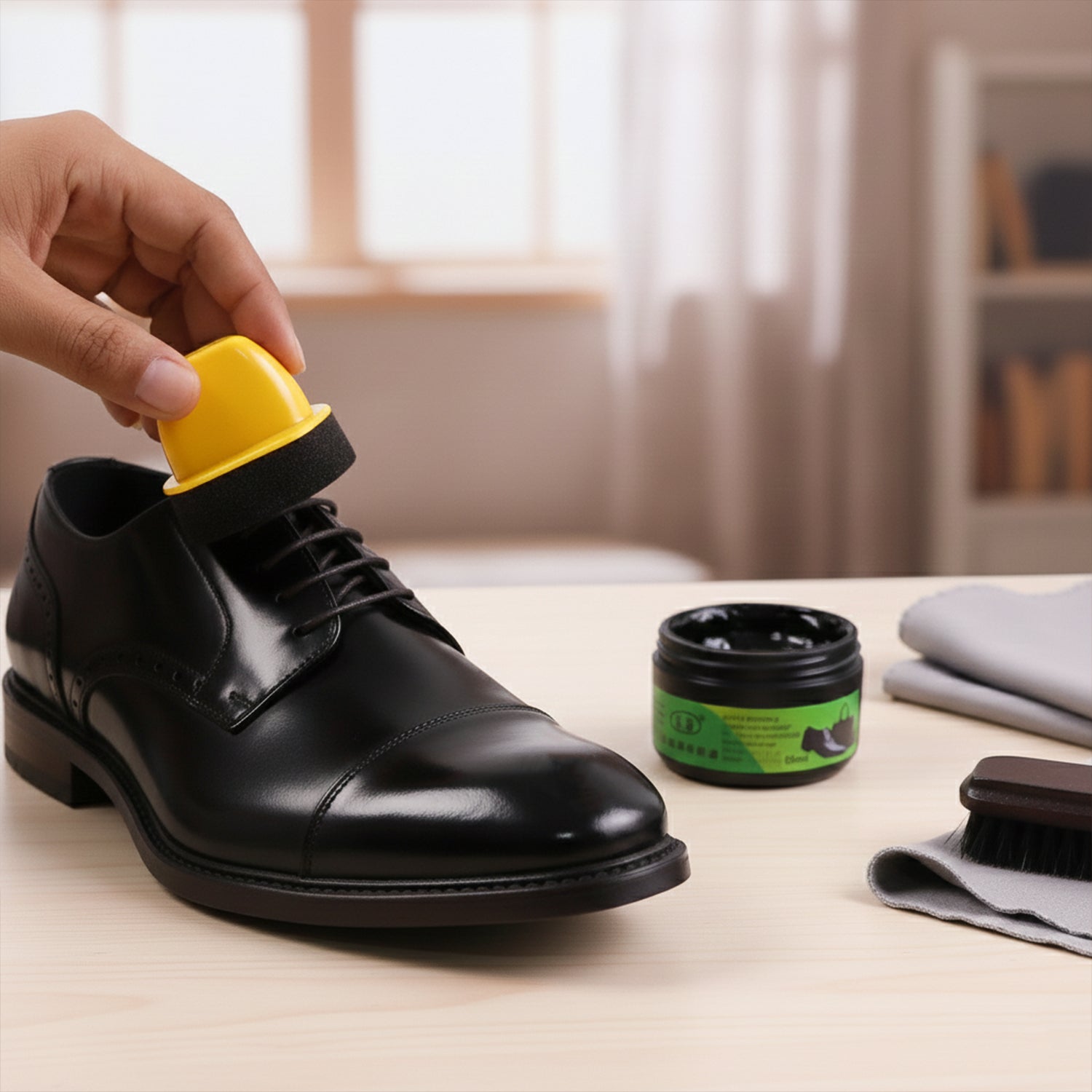 Sponge spreading black shoe polish cream evenly on shoe surface