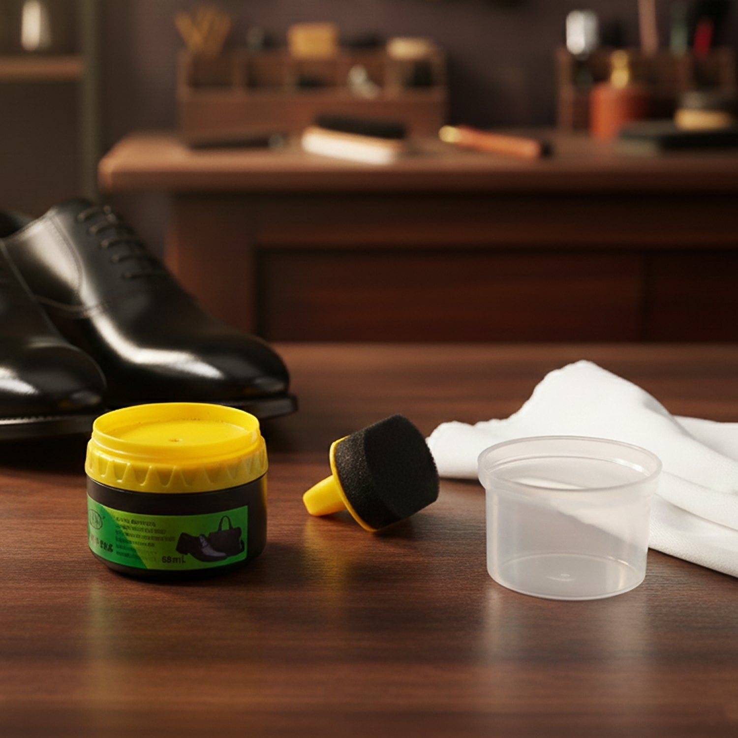 Applying black shoe polish cream with built-in sponge on leather shoe