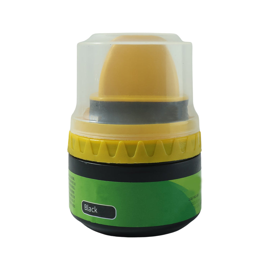 Integrated sponge attached to black shoe polish cream container