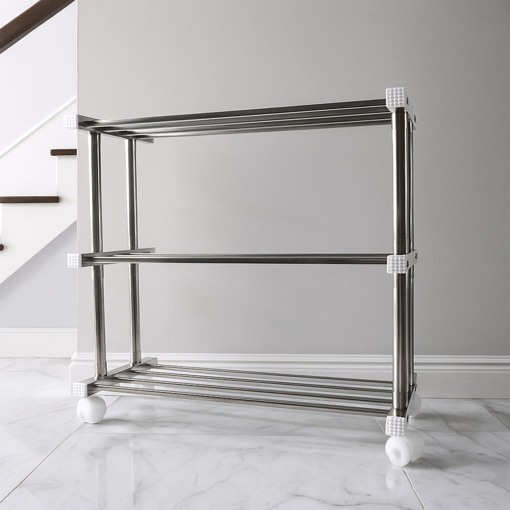 Side profile of rust-resistant stainless steel shoe storage rack