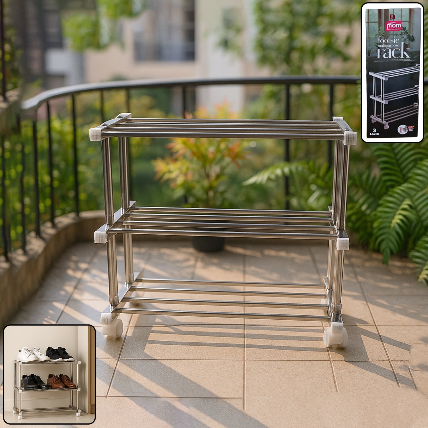 Front view of the Supermom 3-layer stainless steel shoe rack organizer