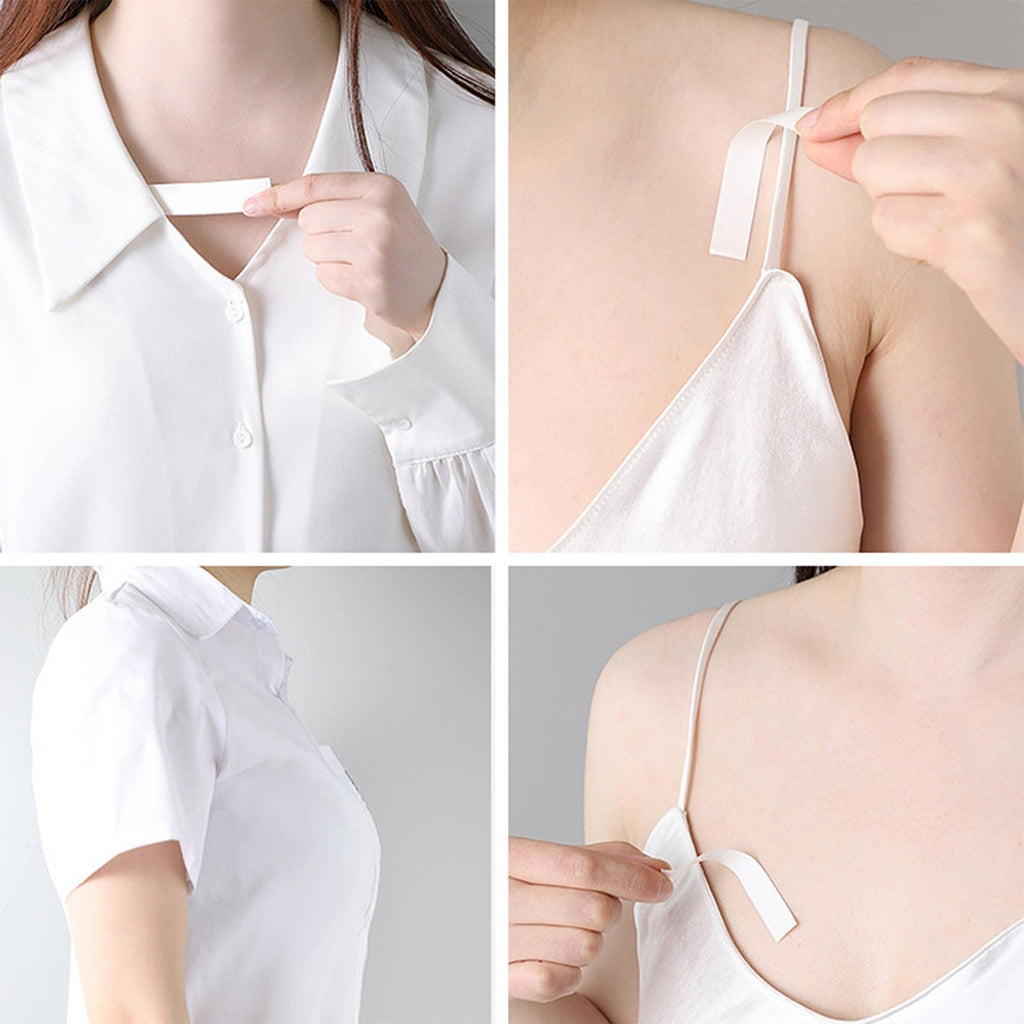 Adhesive lingerie tape securing deep neck outfit