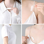 Adhesive lingerie tape securing deep neck outfit