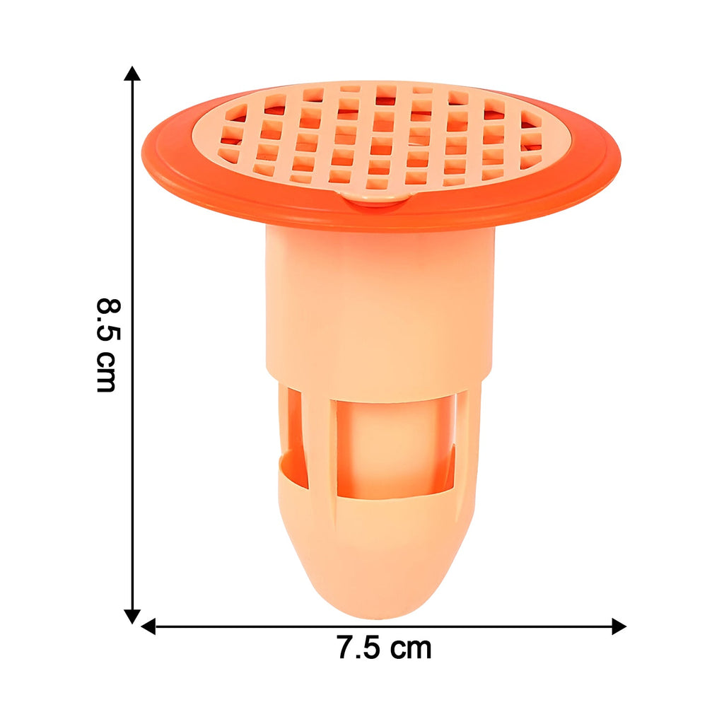 Plastic drain strainer placed over tiled shower floor drainage to catch hair