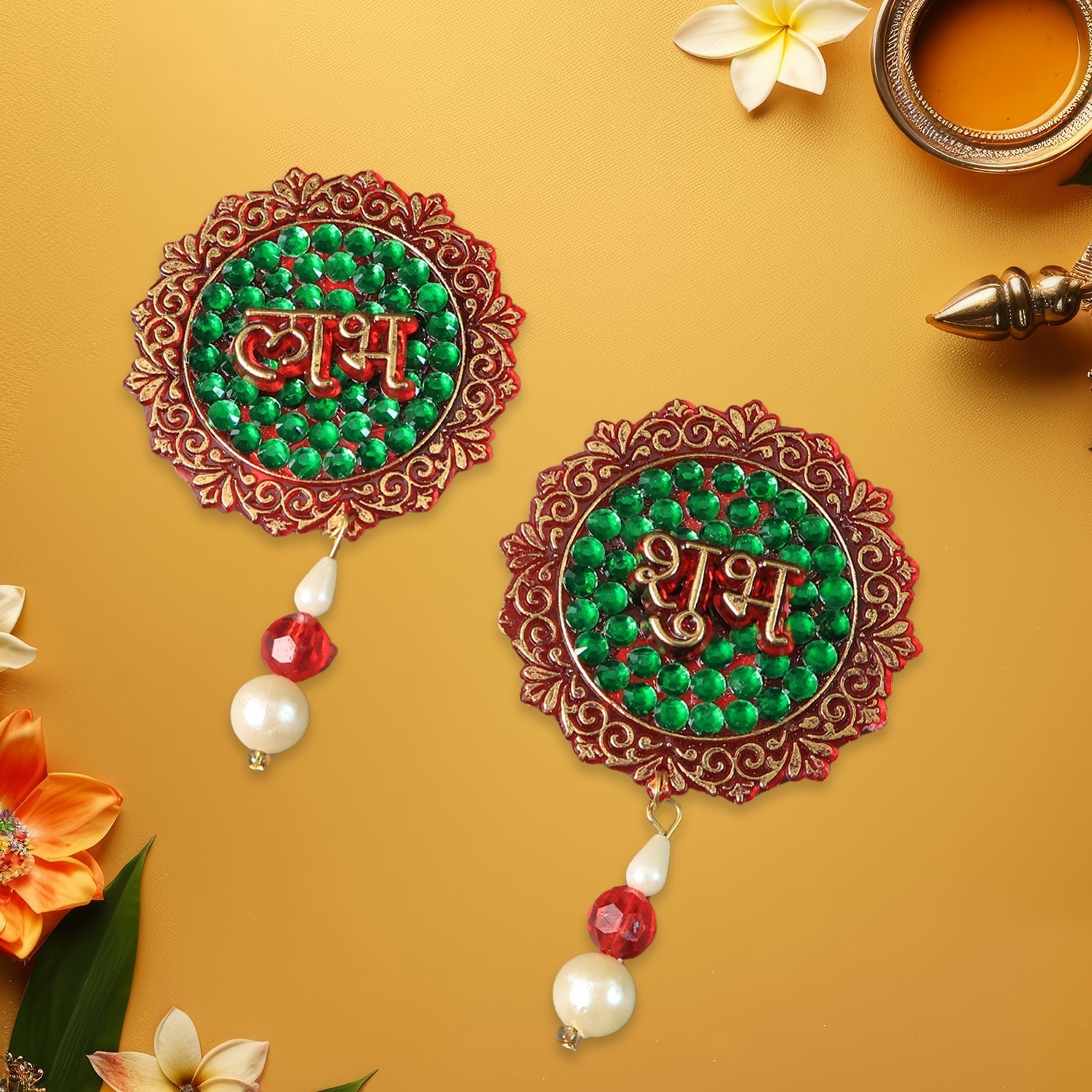 Set of two Shubh Labh round door hangings decorated with beads and stones