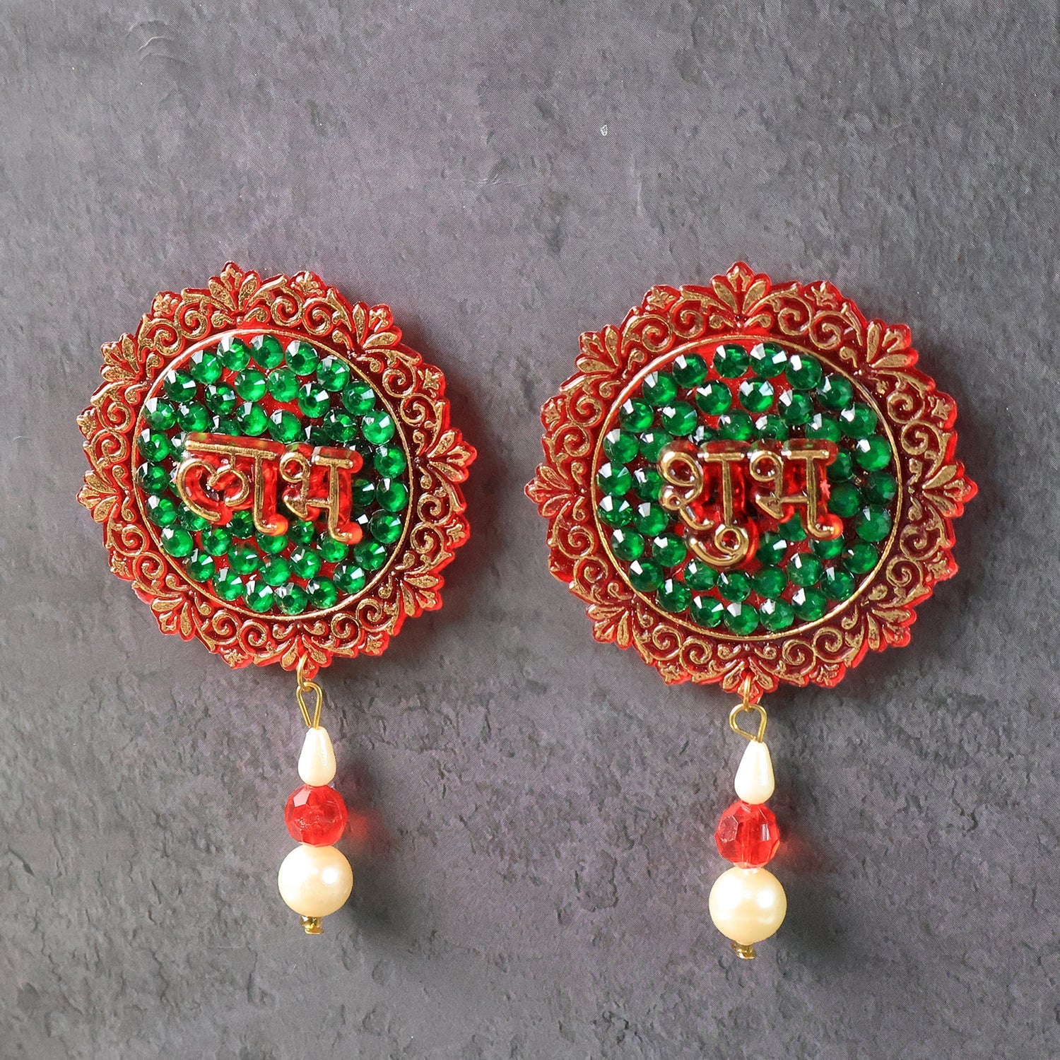 Shubh Labh door hanging close-up displaying colorful beads and golden inscriptions