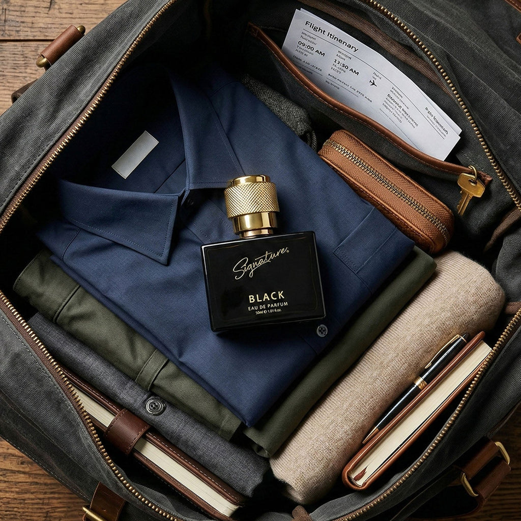 Stylish compact black perfume bottle for travel