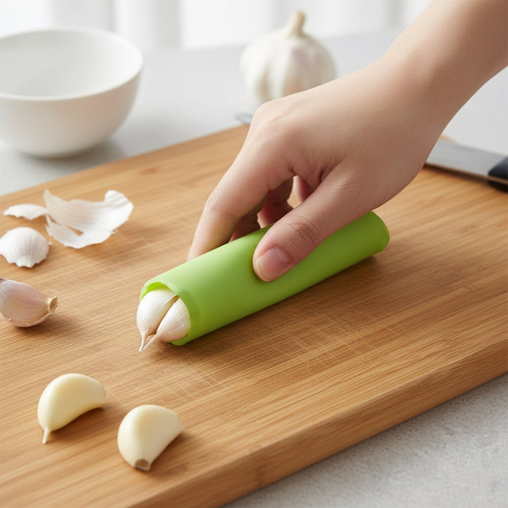 Garlic cloves inside silicone garlic peeler tube ready for skin removal