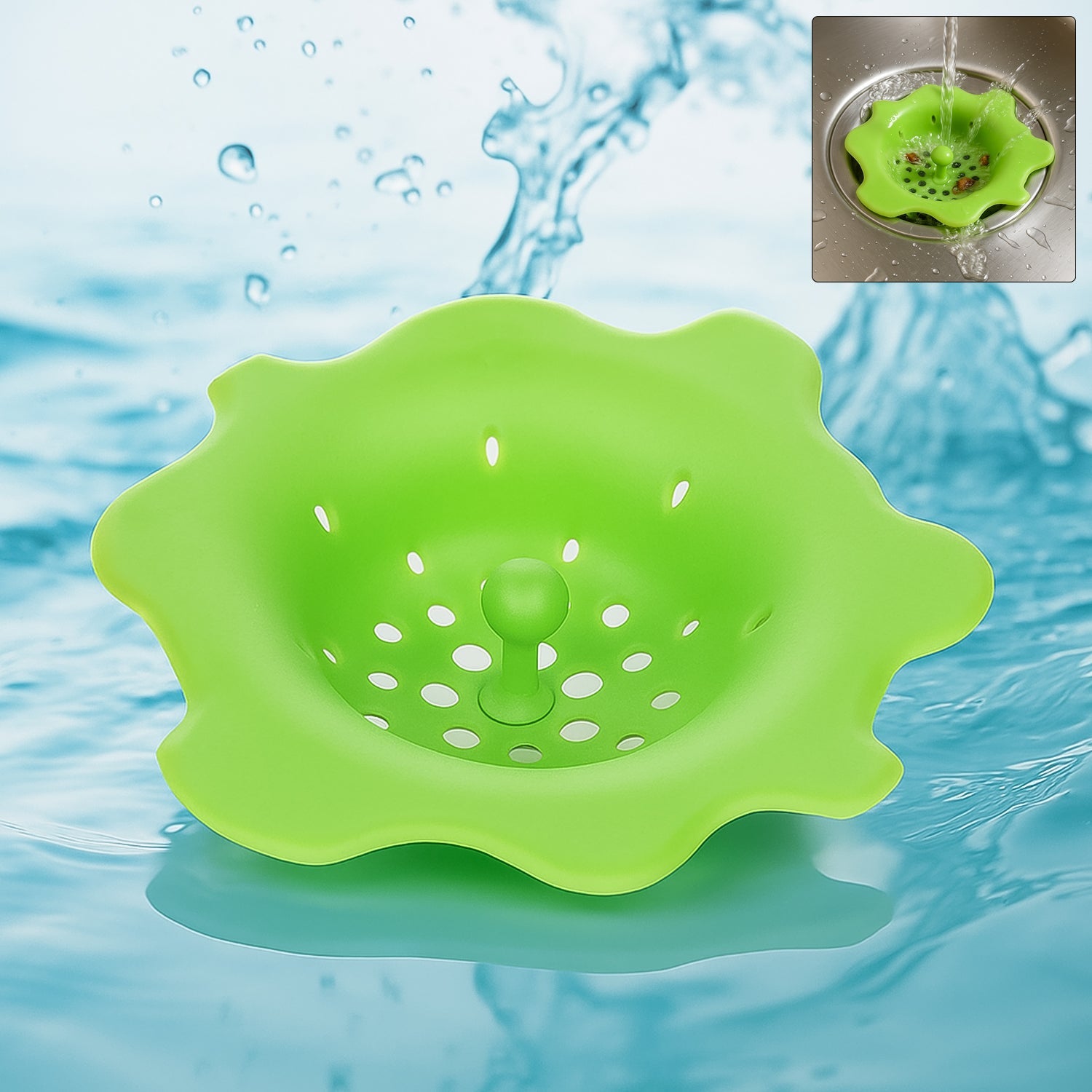 Flexible silicone sink strainer with flower shape design for kitchen and bathroom drains.