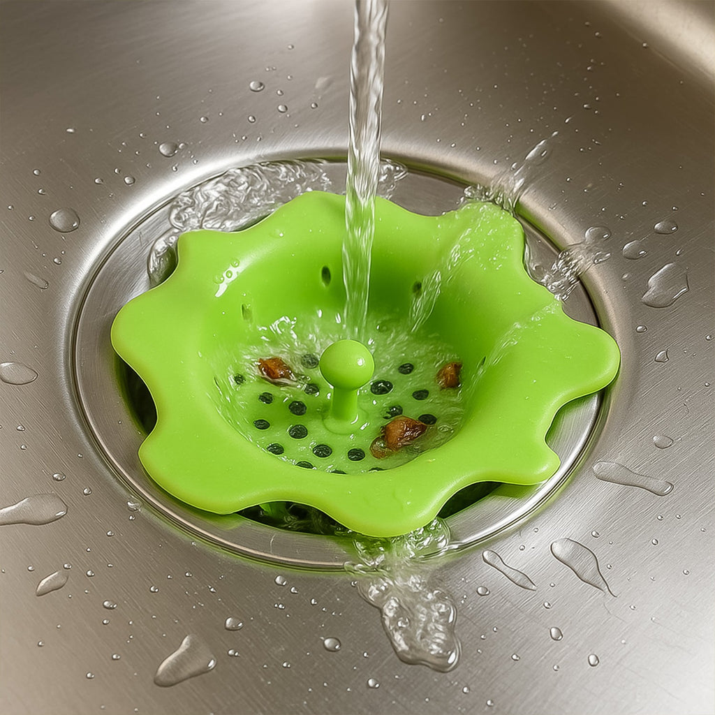 Flexible silicone drain hair catcher designed for bathroom wash basin drains.