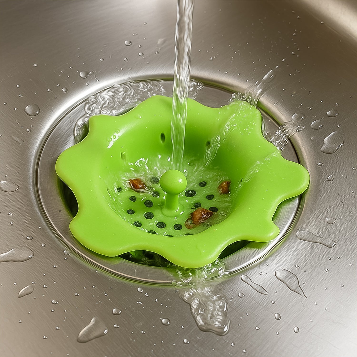 Flexible silicone drain hair catcher designed for bathroom wash basin drains.