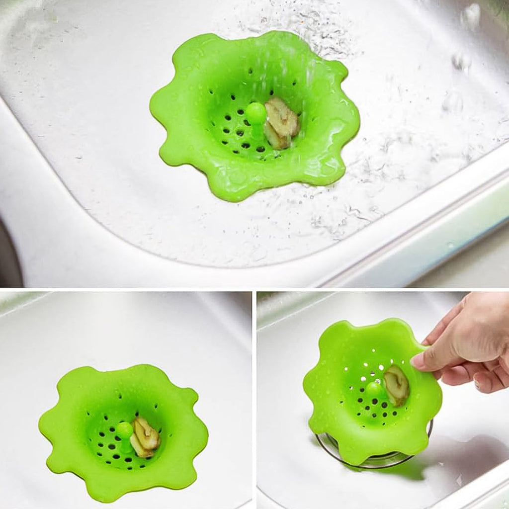 Silicone drain guard demonstrating secure fit and easy removal knob.