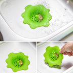 Silicone drain guard demonstrating secure fit and easy removal knob.