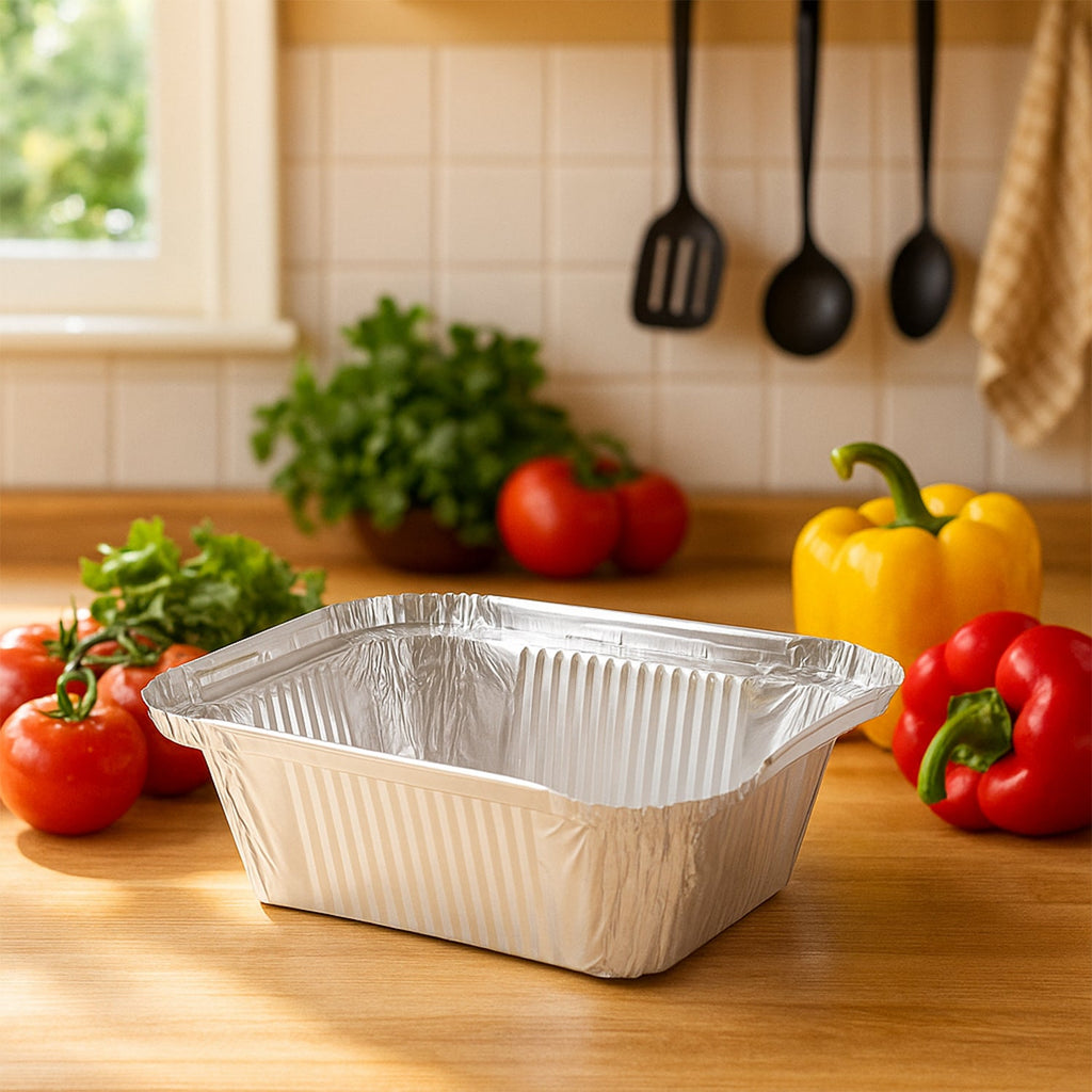 Close-up of aluminium food container showing ridged sides for strength