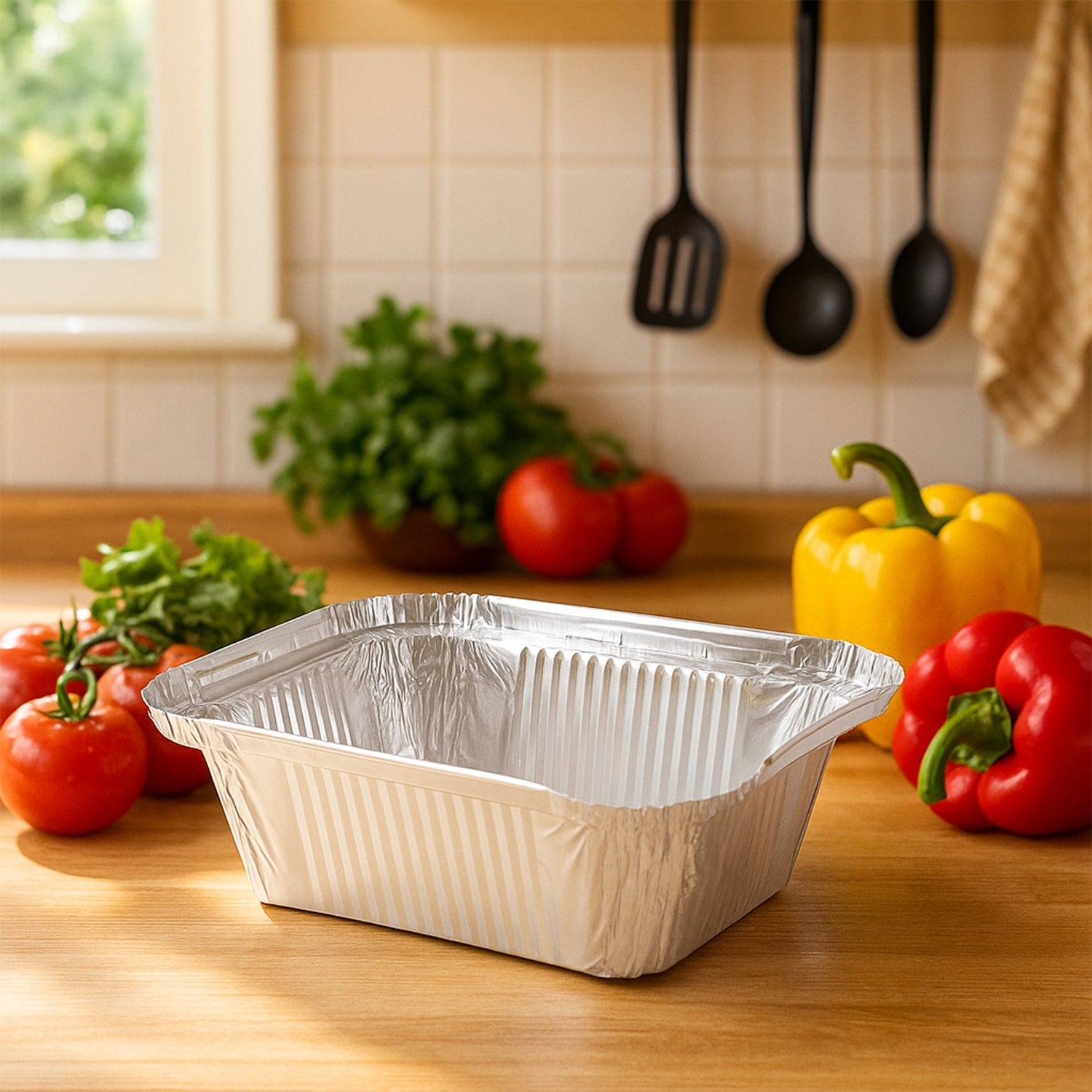 Close-up of aluminium food container showing ridged sides for strength