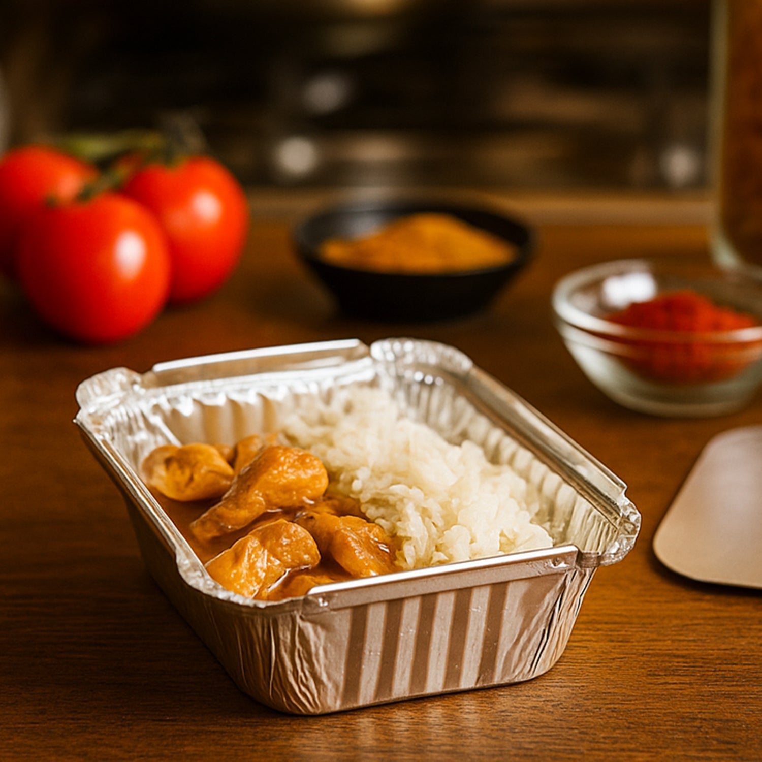 Silver disposable aluminium food container with lid on wooden surface