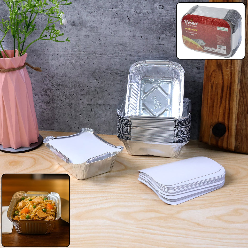 250 ml disposable aluminium food container with lid showing silver foil tray