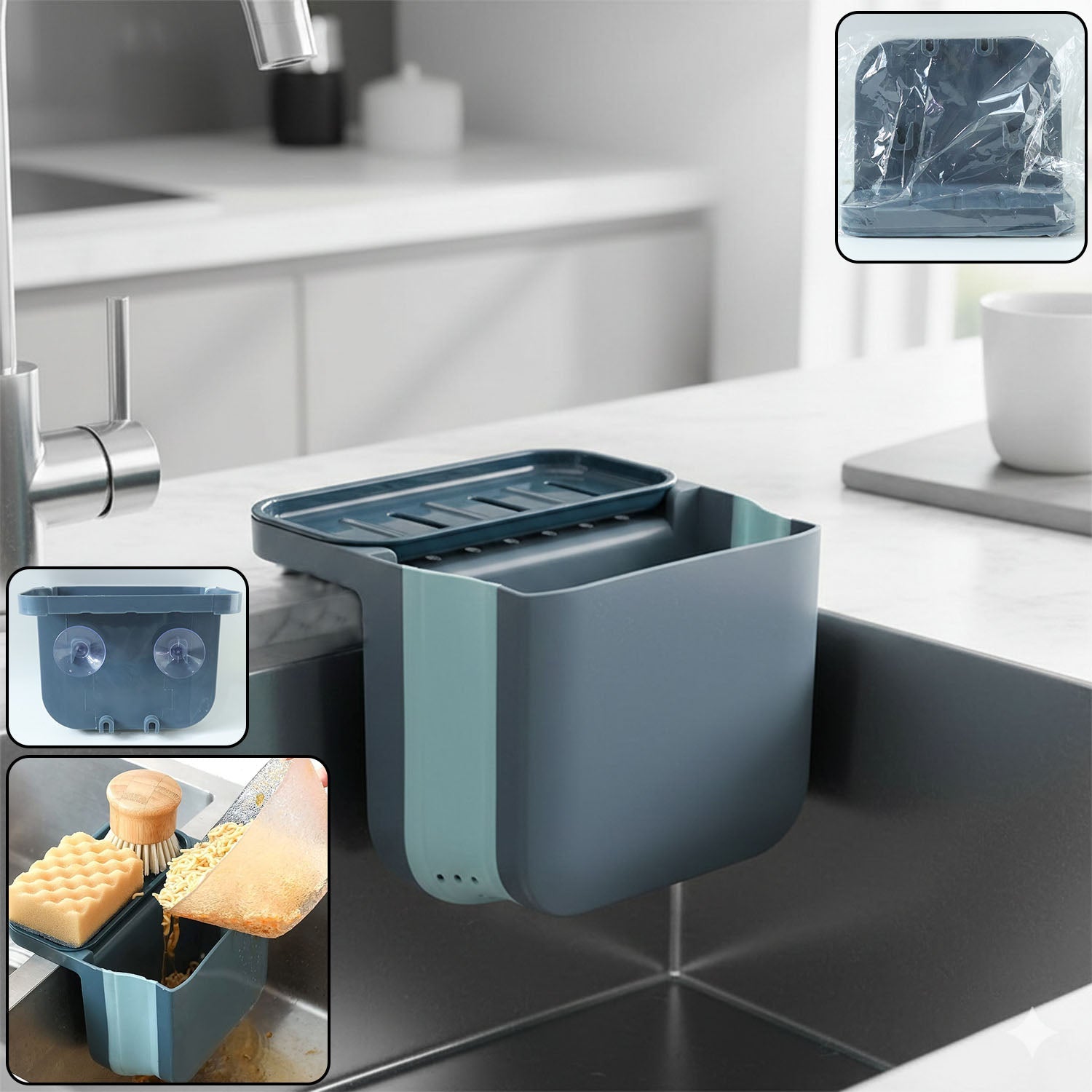 Kitchen sink hanging storage basket mounted with suction cup