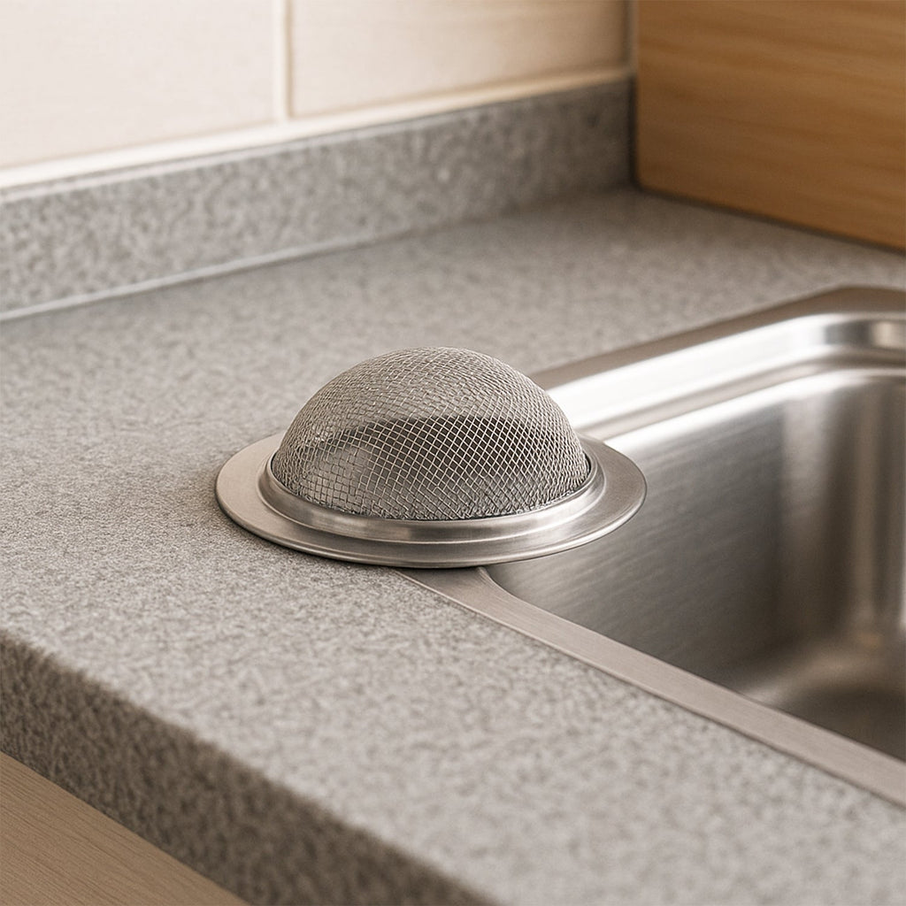 Supermom stainless steel kitchen sink strainer on white surface