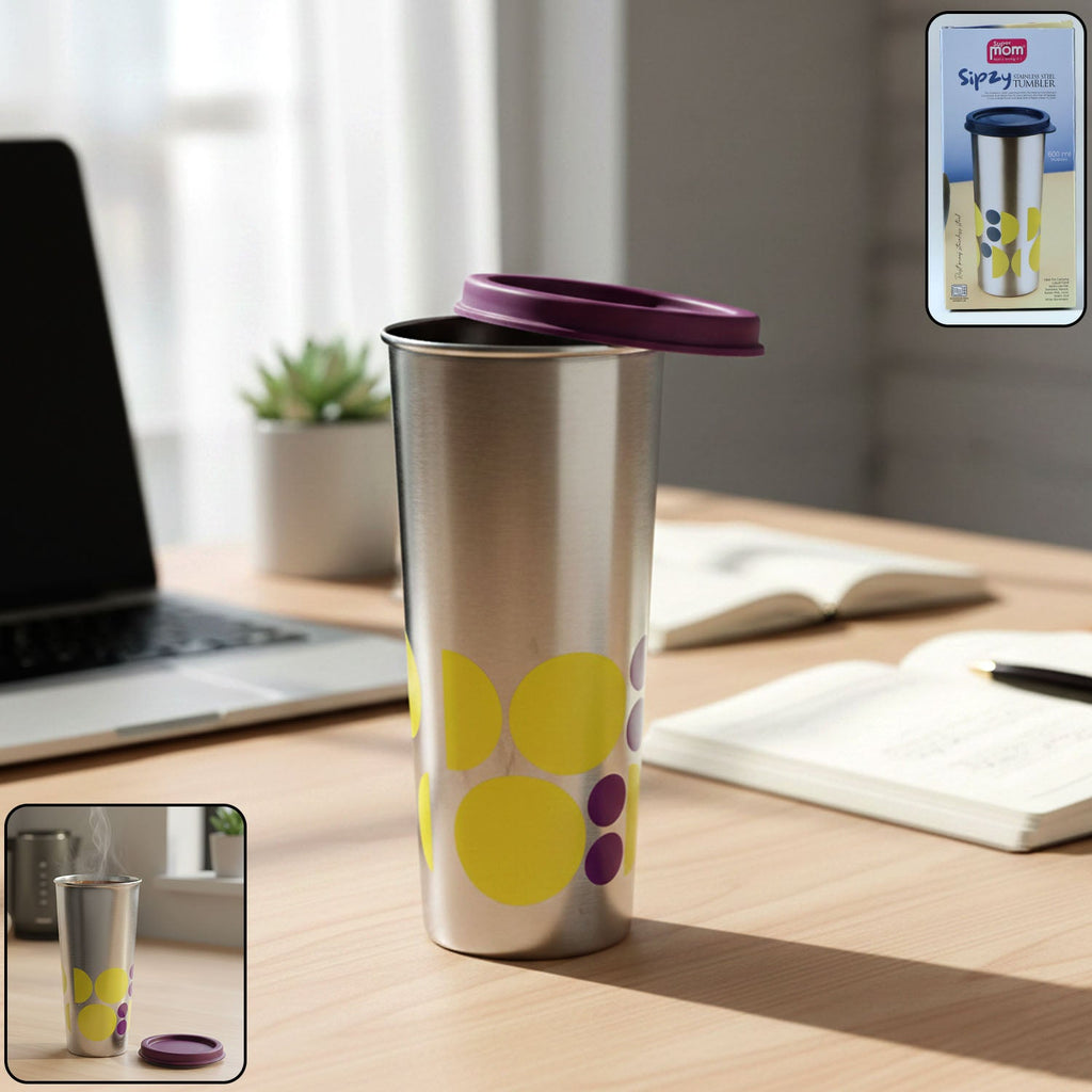 Stainless steel travel tumbler 600 ML with spill-proof lid and printed design