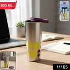 Printed stainless steel travel tumbler 600 ML showing ergonomic slim design