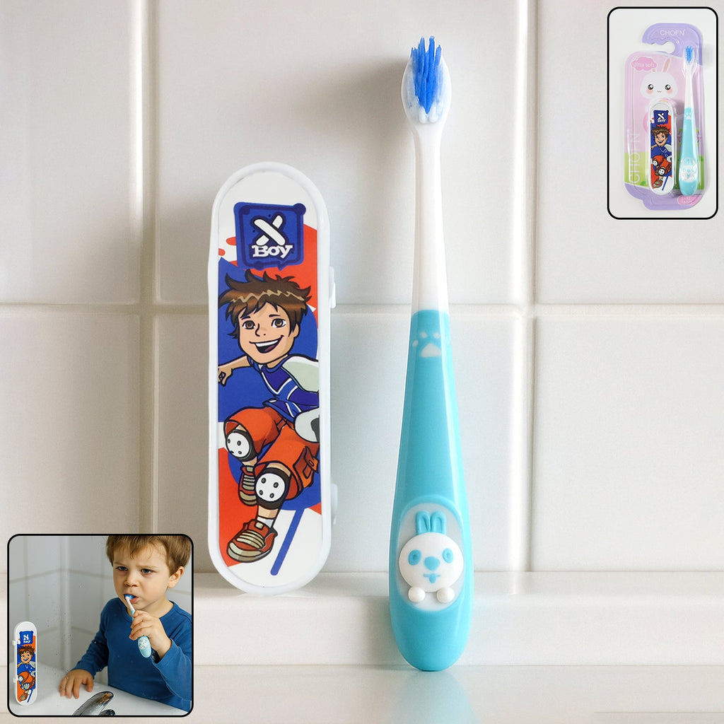 Colorful kids toothbrush with cartoon handle and sketchboard toy for fun oral care