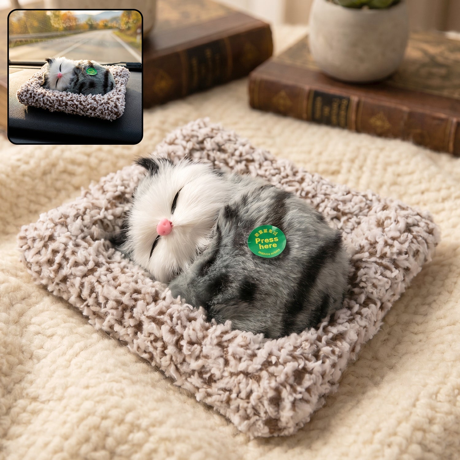 Front view of plush cat showpiece with open eyes