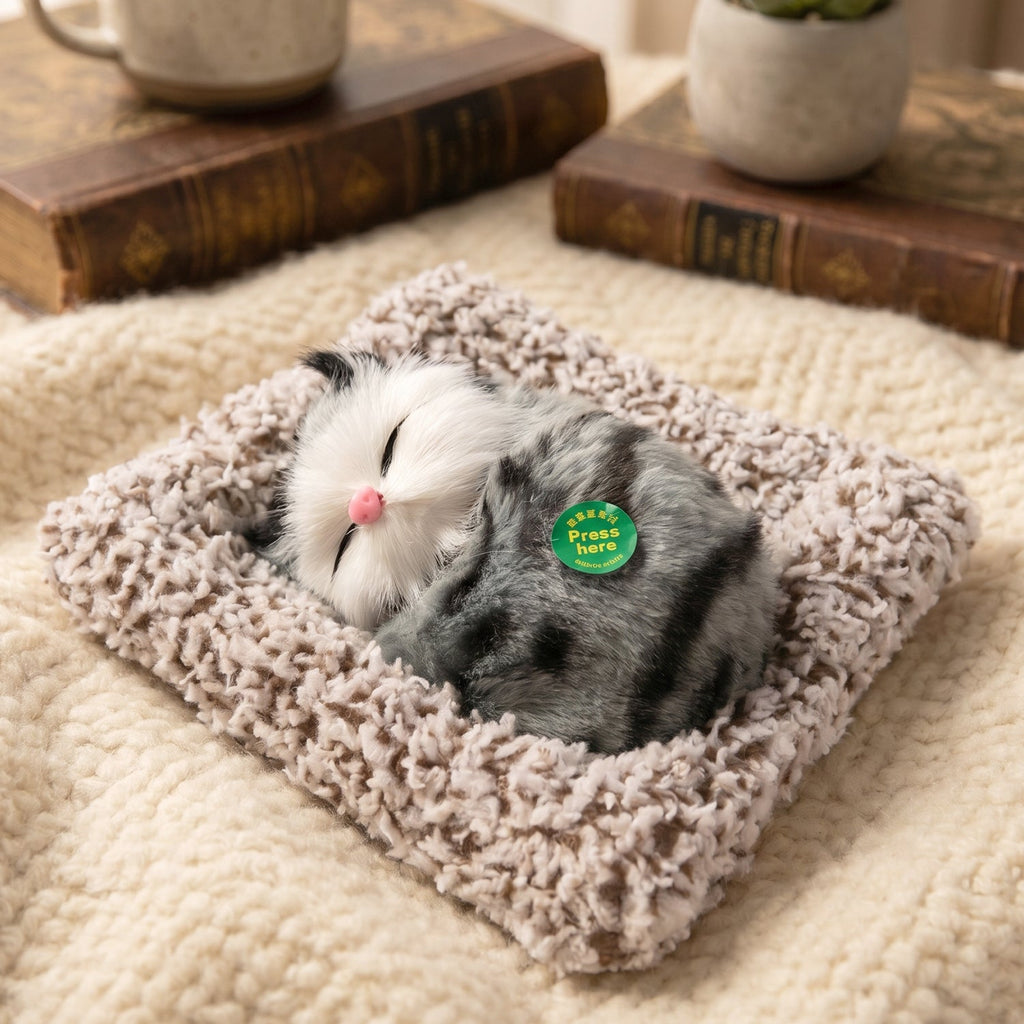 Cute plush cat showpiece placed on shelf