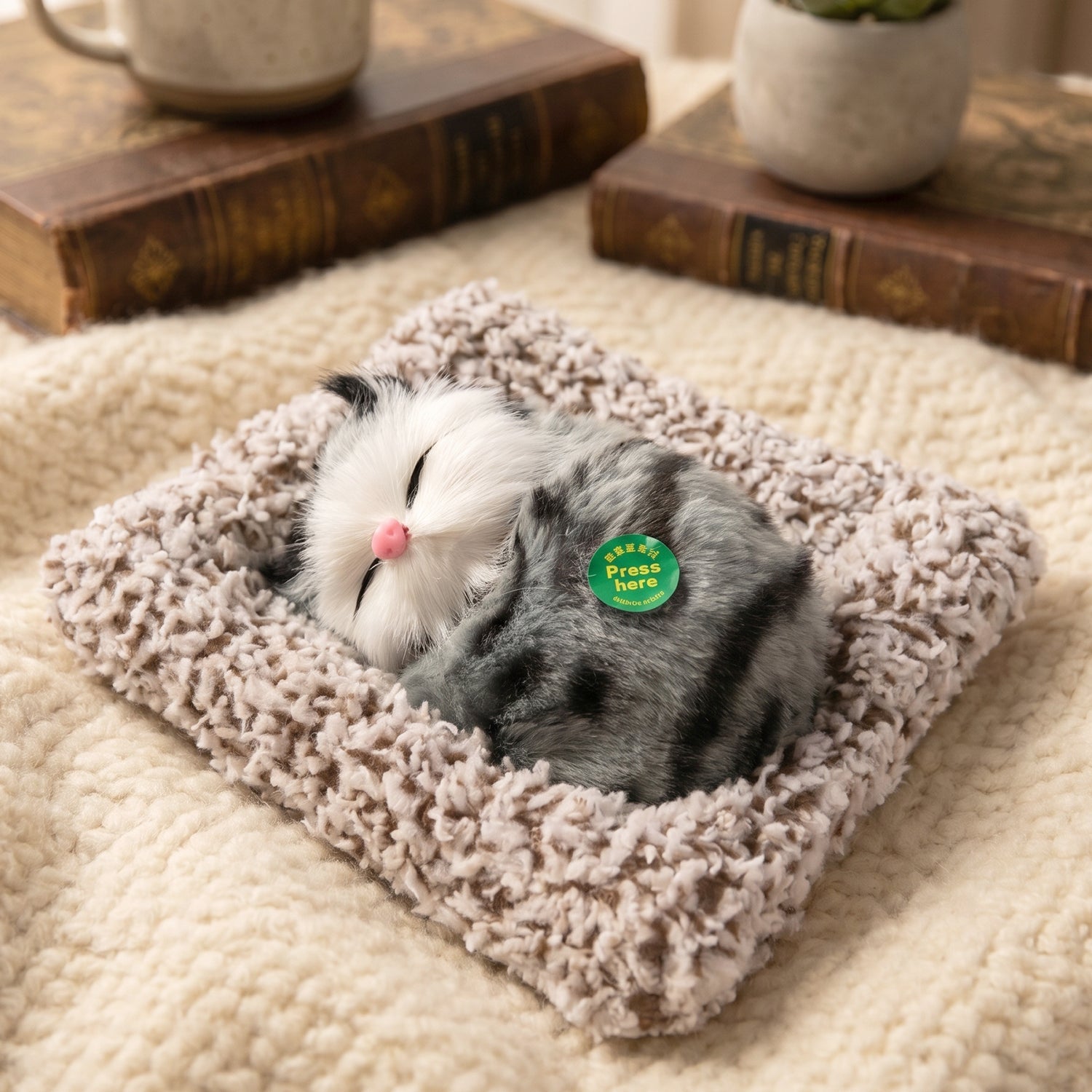 Cute plush cat showpiece placed on shelf
