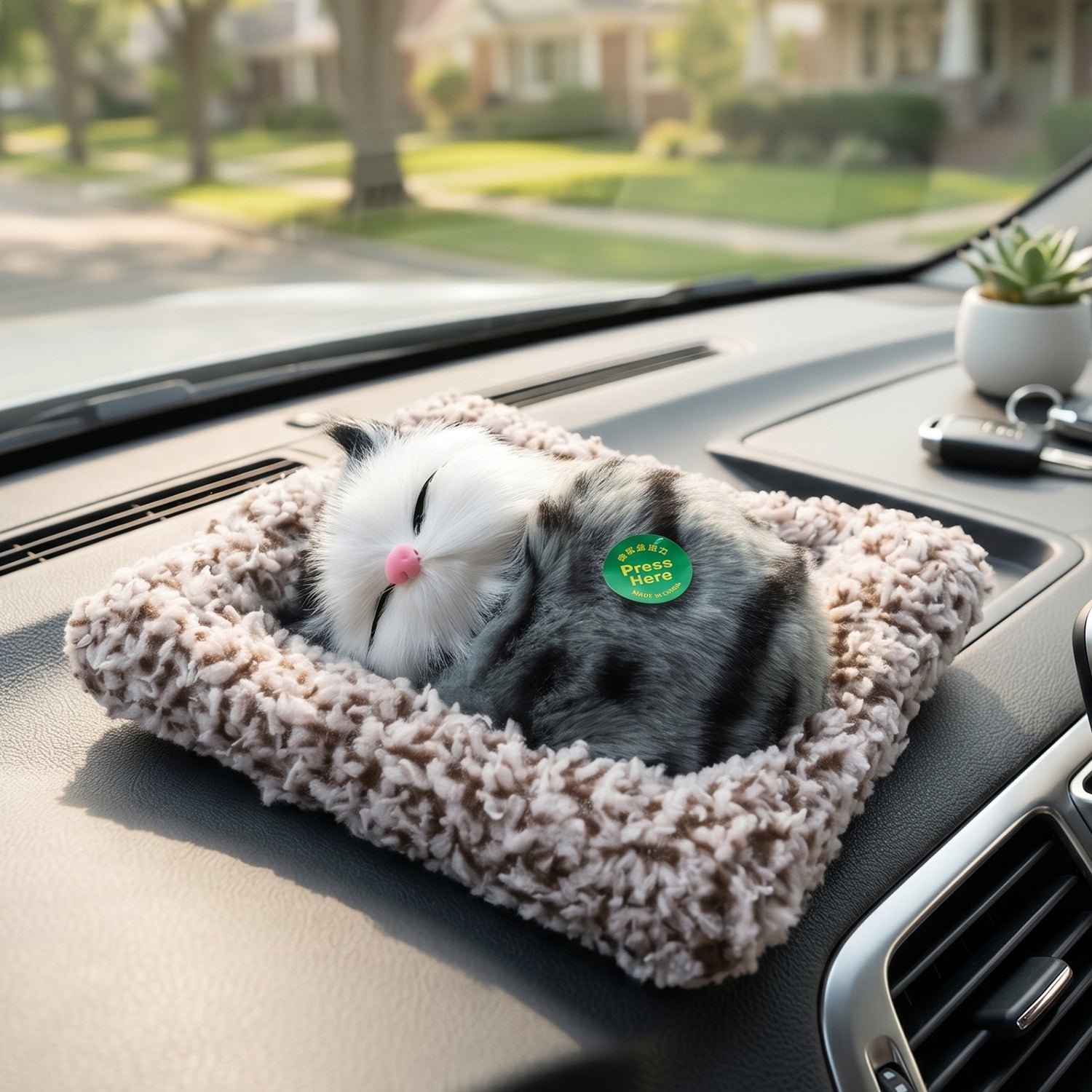 Plush open-eye cat showpiece on white background
