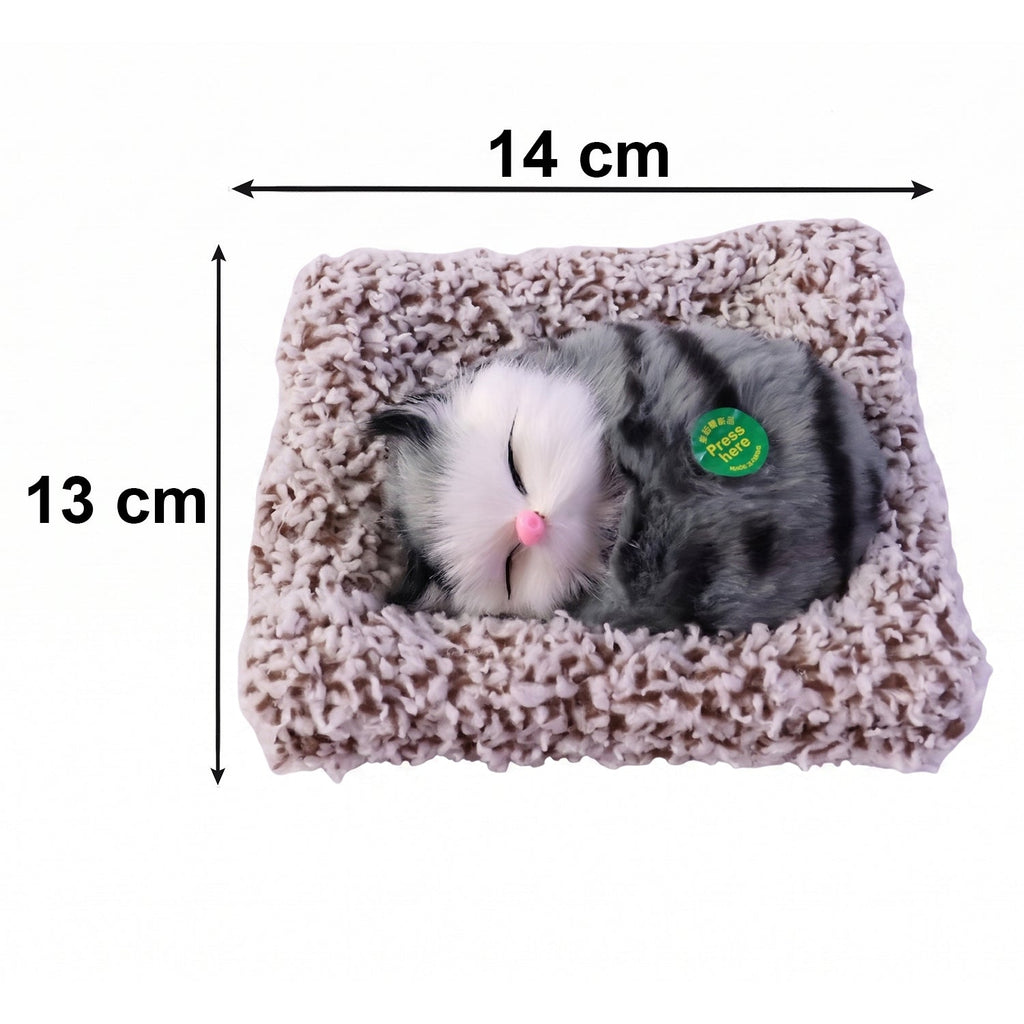 Side perspective of plush open-eye cat figurine