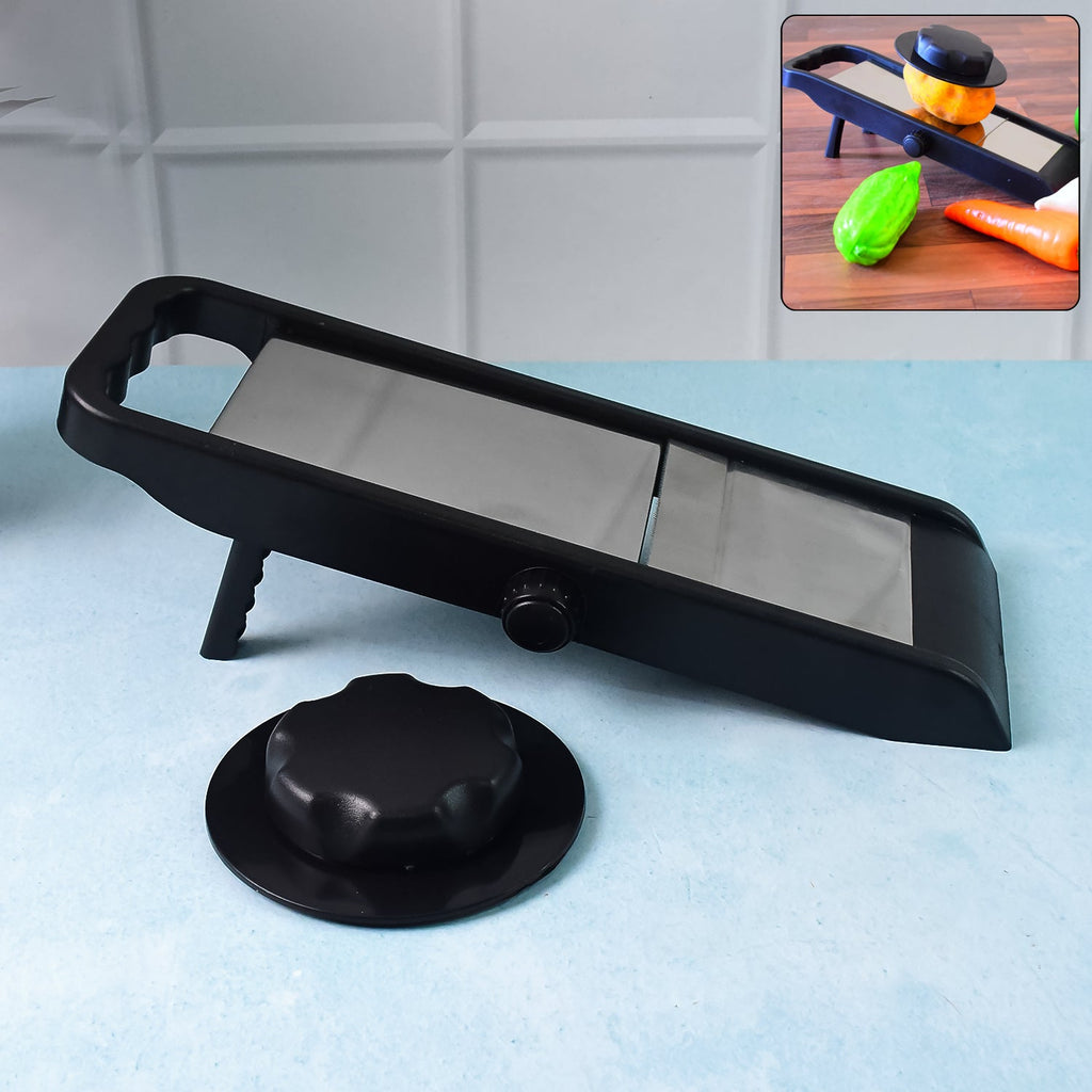 Supermom adjustable slicer in black and silver, perfect for quick vegetable preparation.