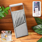 Sharp stainless steel vegetable and fruit slicer with ergonomic grip