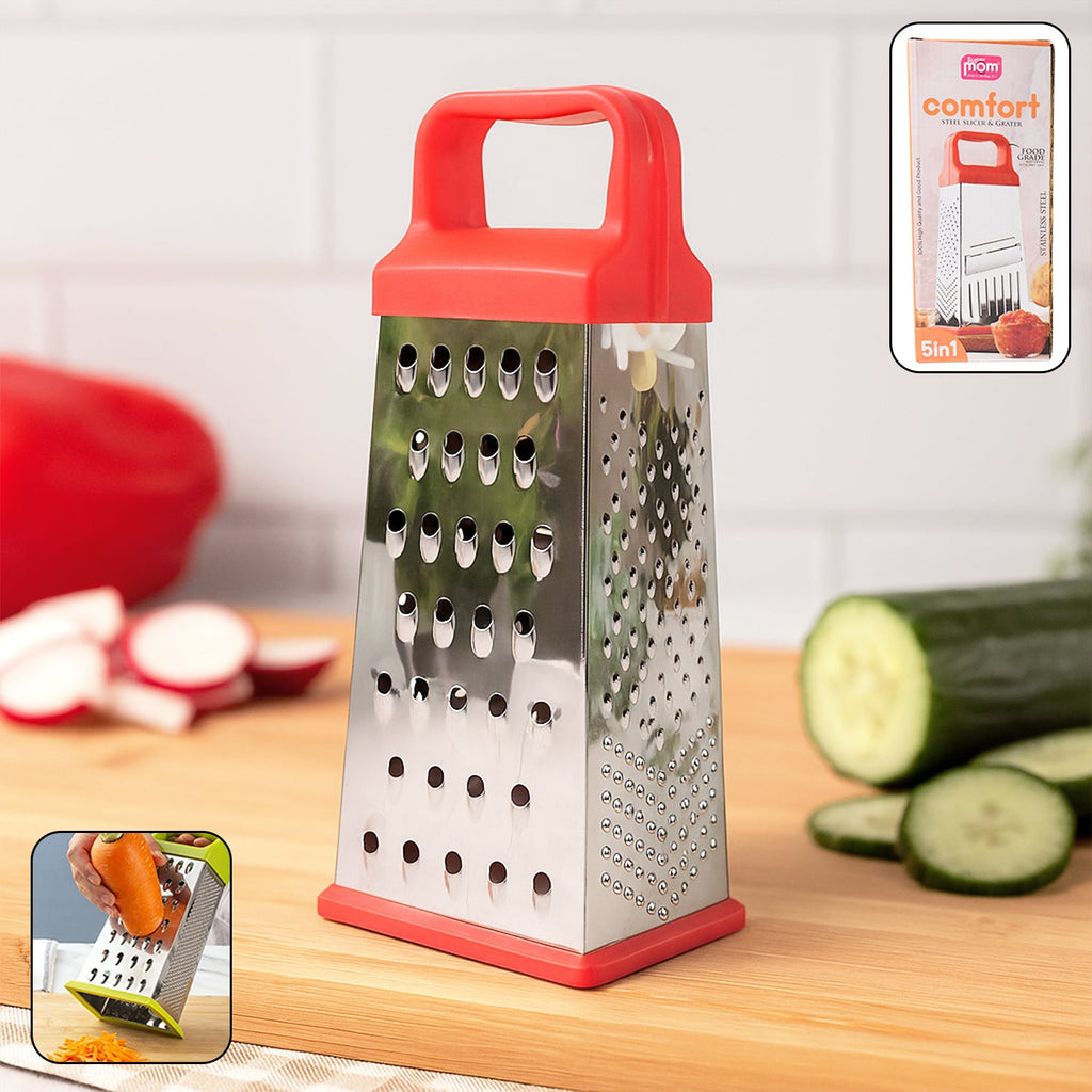 Stainless steel grater and slicer with ergonomic handle for kitchen use