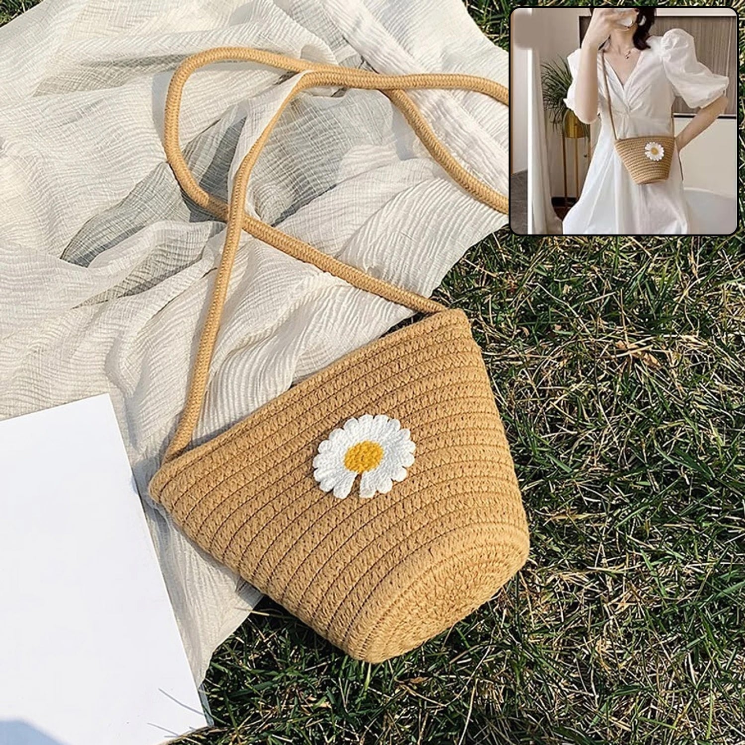 Eco-friendly floral jute crossbody sling bag for women