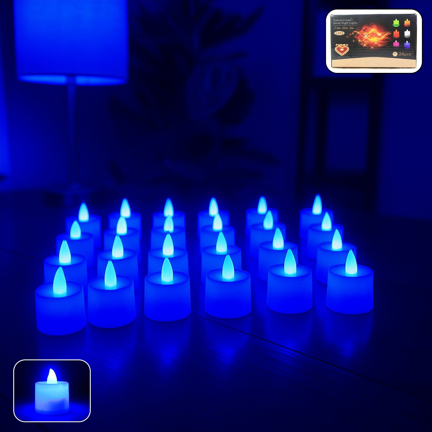 Blue LED tea light candles glowing softly in decorative arrangement