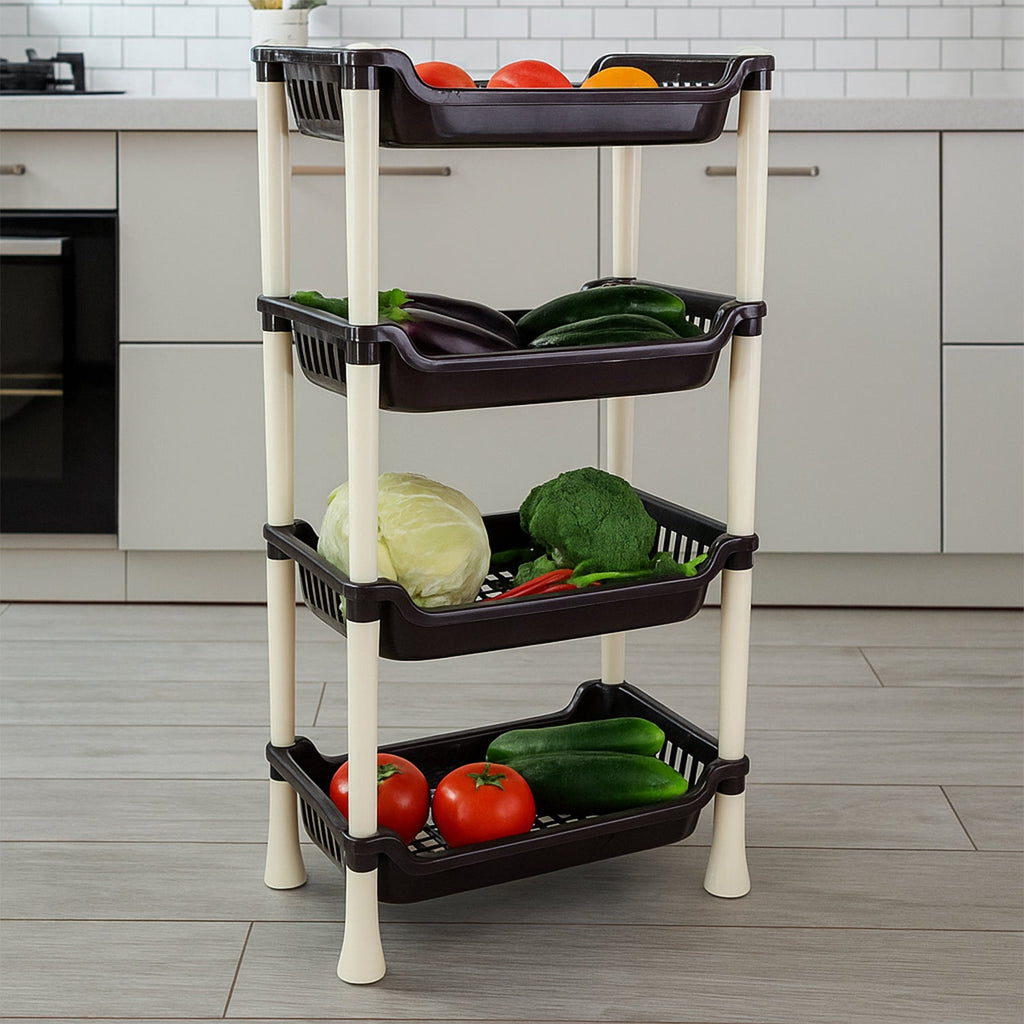 Apex storage rack showcasing four ventilated plastic baskets for freshness