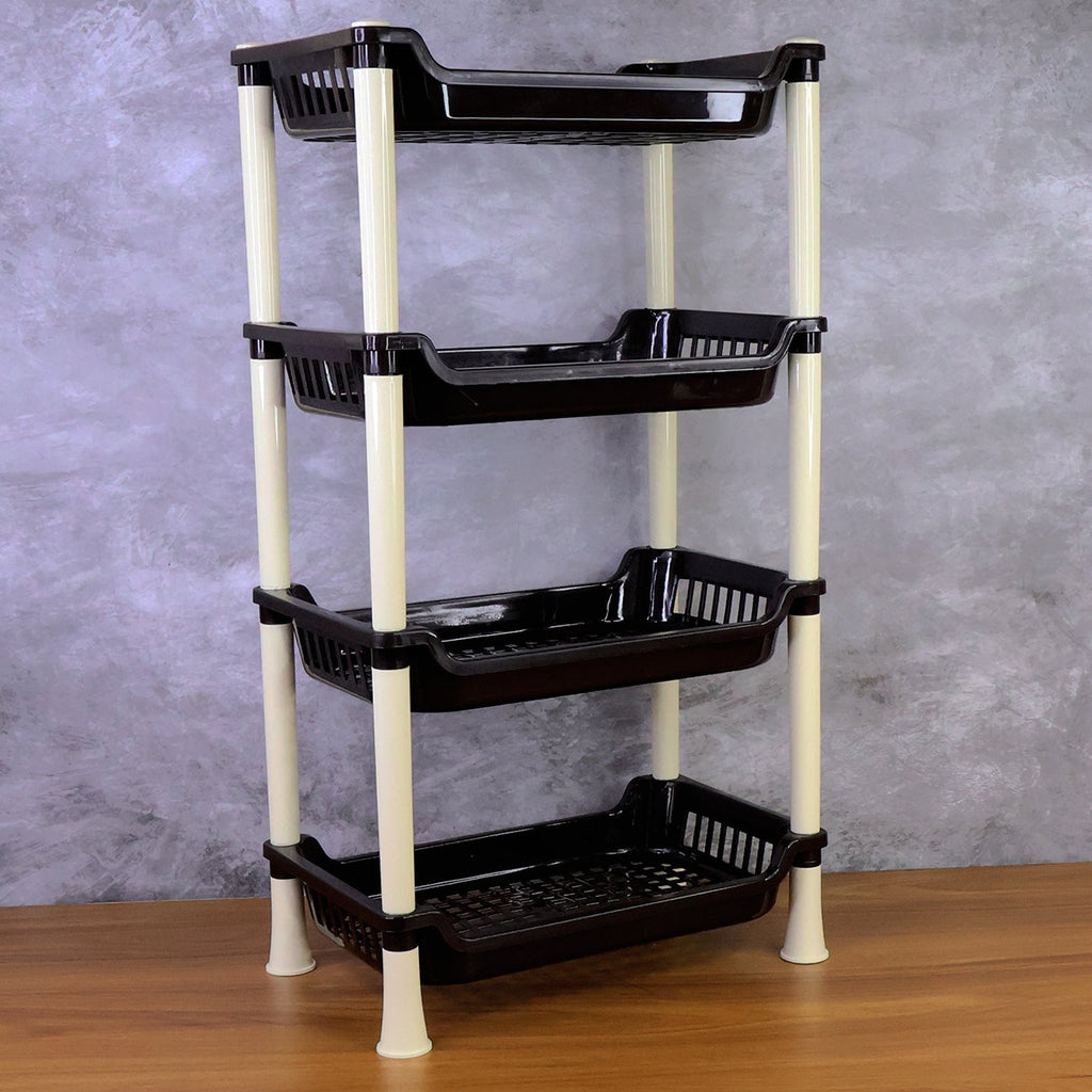 Compact plastic storage rack ideal for kitchen or bathroom organisation