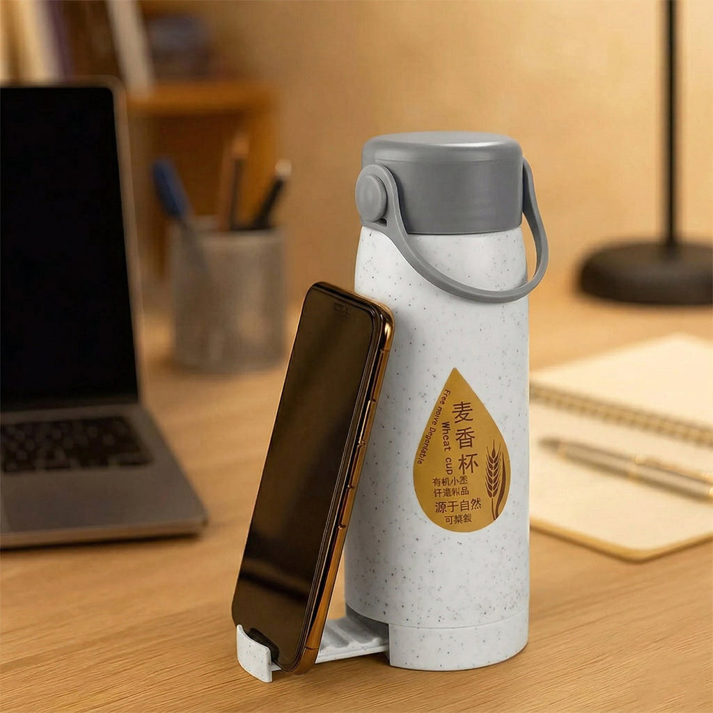 Leakproof glass water bottle featuring a mobile phone holder