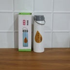Lifestyle shot of glass water bottle on office desk