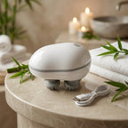 Electric scalp massager in use on scalp and neck providing relief