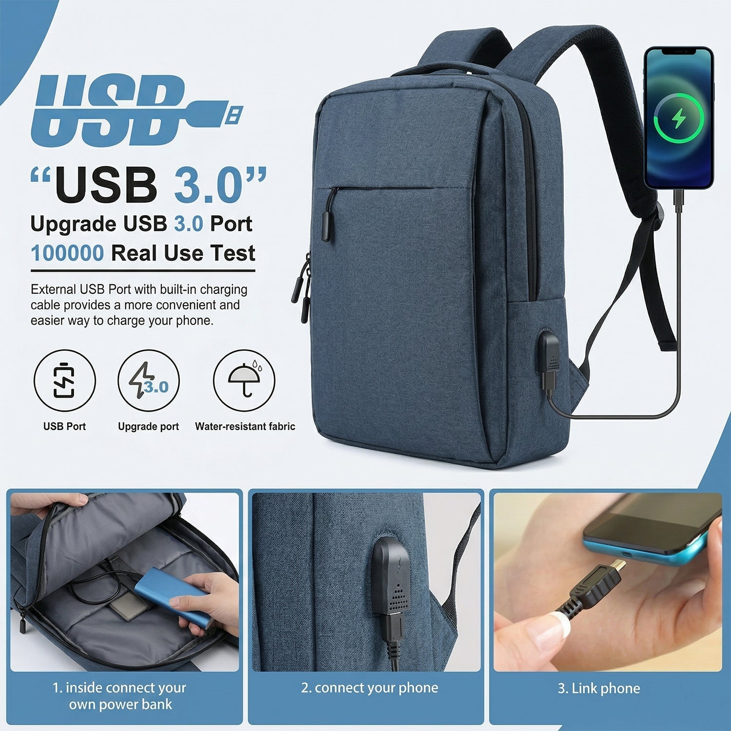 Close-up of the durable fabric and USB port on the travel backpack